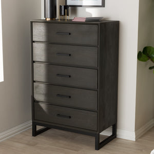 Baxton Studio Parris Rustic Grey Wood and Black Metal 5-Drawer Chest