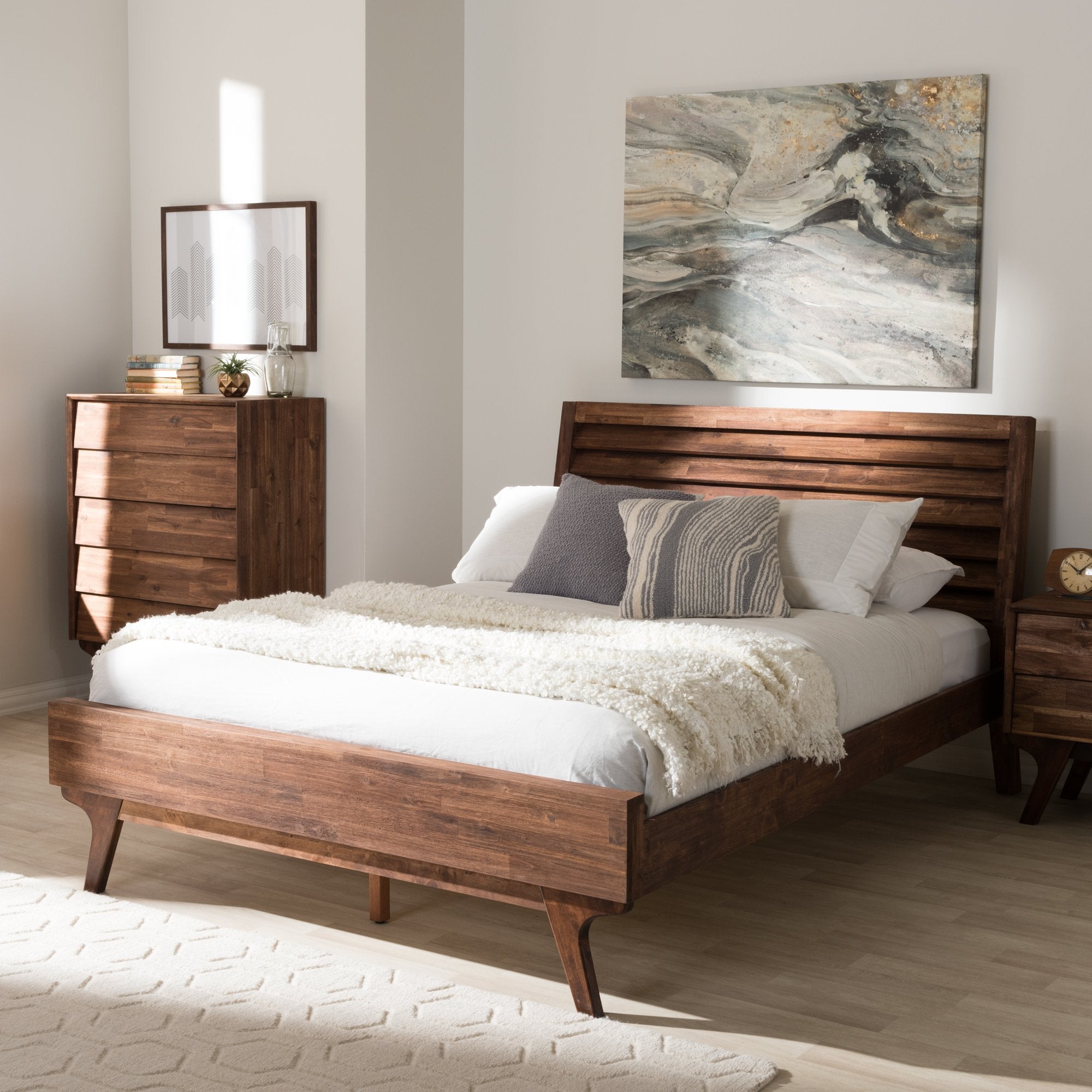 Baxton Studio Sierra Mid-Century Modern Brown Wood Queen Size Platform Bed