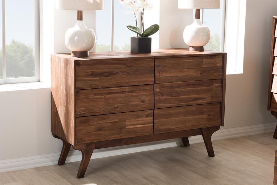 Baxton Studio Sierra Mid-Century Modern Brown Wood 6-Drawer Dresser