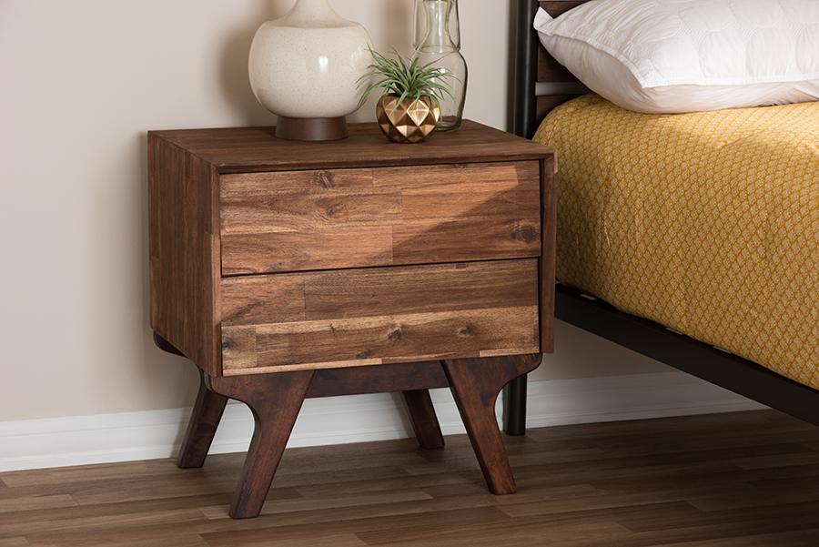 Baxton Studio Sierra Mid-Century Modern Brown Wood 2-Drawer Nightstand