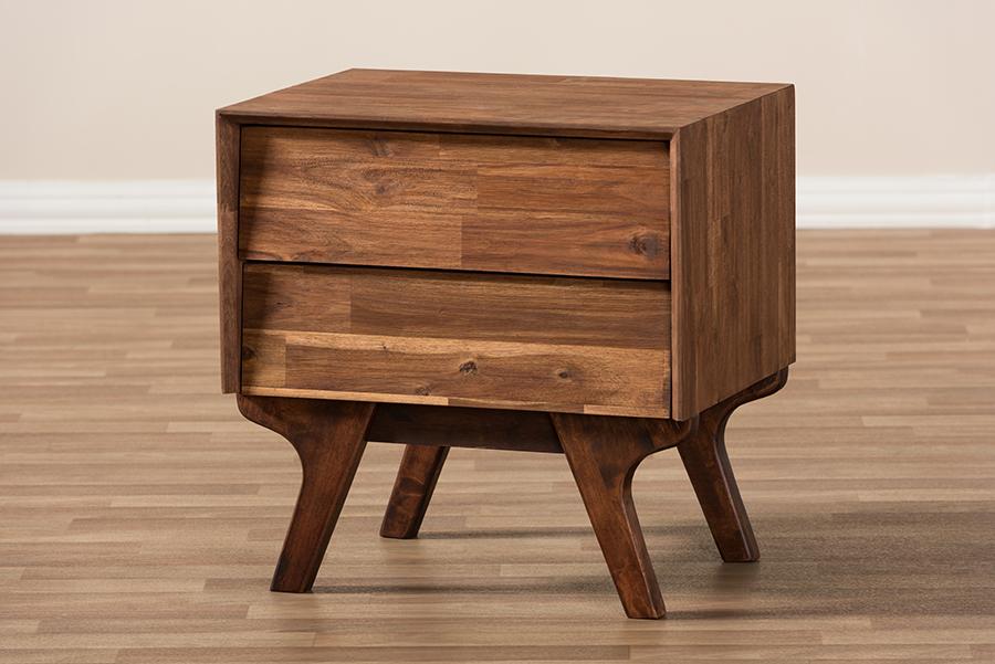 Baxton Studio Sierra Mid-Century Modern Brown Wood 2-Drawer Nightstand