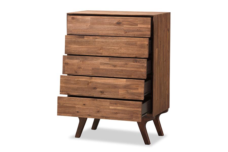 Baxton Studio Sierra Mid-Century Modern Brown Wood 5-Drawer Chest