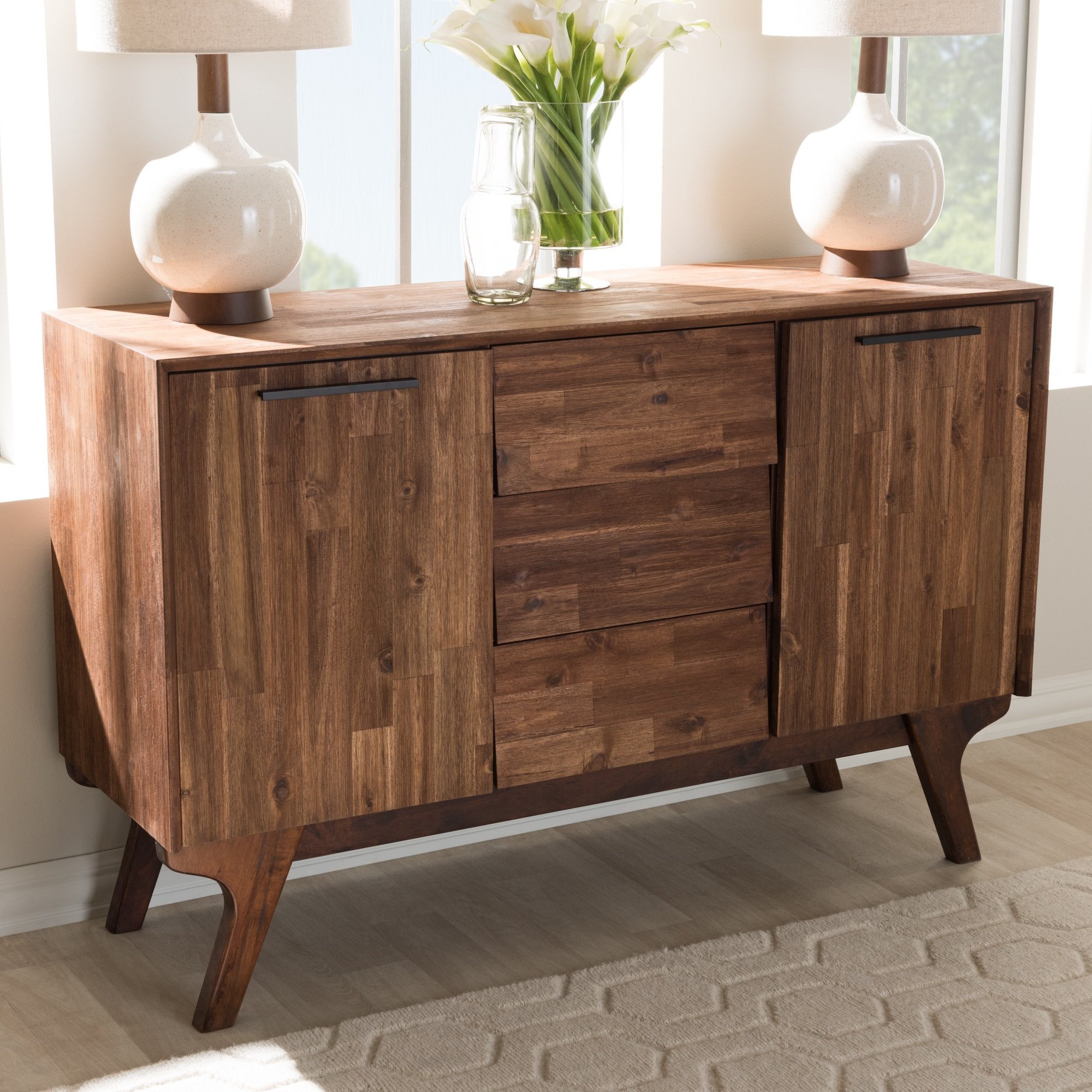 Baxton Studio Sierra Mid-Century Modern Brown Wood 3-Drawer Sideboard