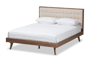 Baxton Studio Soloman Mid-Century Modern Light Beige Fabric and Walnut Brown Finished Wood Queen Size Platform Bed