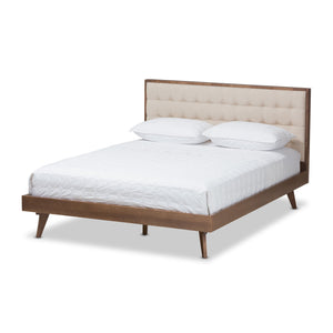 Baxton Studio Soloman Mid-Century Modern Light Beige Fabric and Walnut Brown Finished Wood King Size Platform Bed