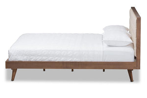 Baxton Studio Soloman Mid-Century Modern Light Beige Fabric and Walnut Brown Finished Wood Full Size Platform Bed