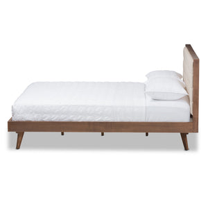 Baxton Studio Soloman Mid-Century Modern Light Beige Fabric and Walnut Brown Finished Wood King Size Platform Bed