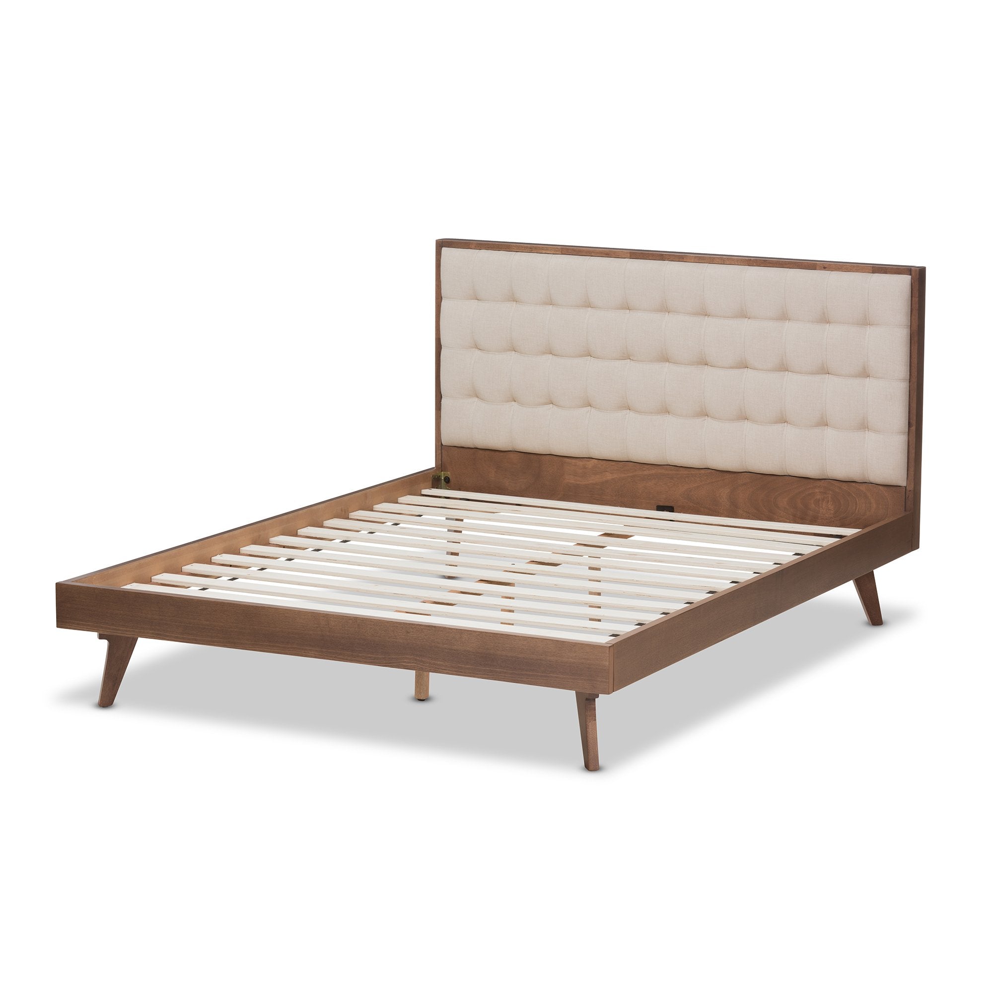 Baxton Studio Soloman Mid-Century Modern Light Beige Fabric and Walnut Brown Finished Wood Queen Size Platform Bed