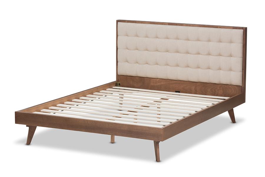 Baxton Studio Soloman Mid-Century Modern Light Beige Fabric and Walnut Brown Finished Wood Queen Size Platform Bed