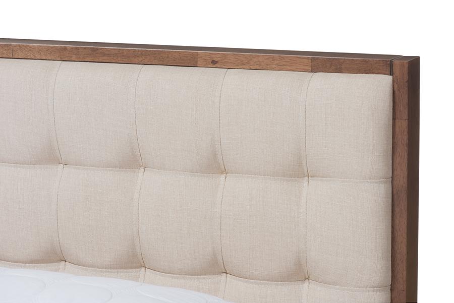 Baxton Studio Soloman Mid-Century Modern Light Beige Fabric and Walnut Brown Finished Wood Full Size Platform Bed