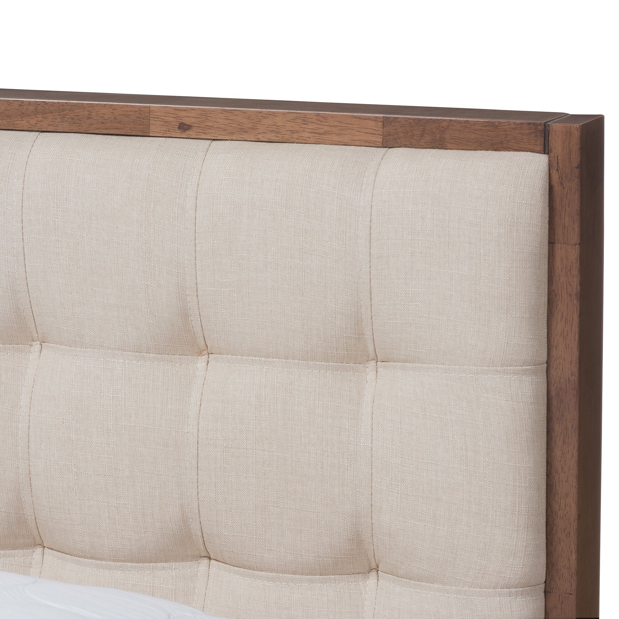 Baxton Studio Soloman Mid-Century Modern Light Beige Fabric and Walnut Brown Finished Wood Full Size Platform Bed