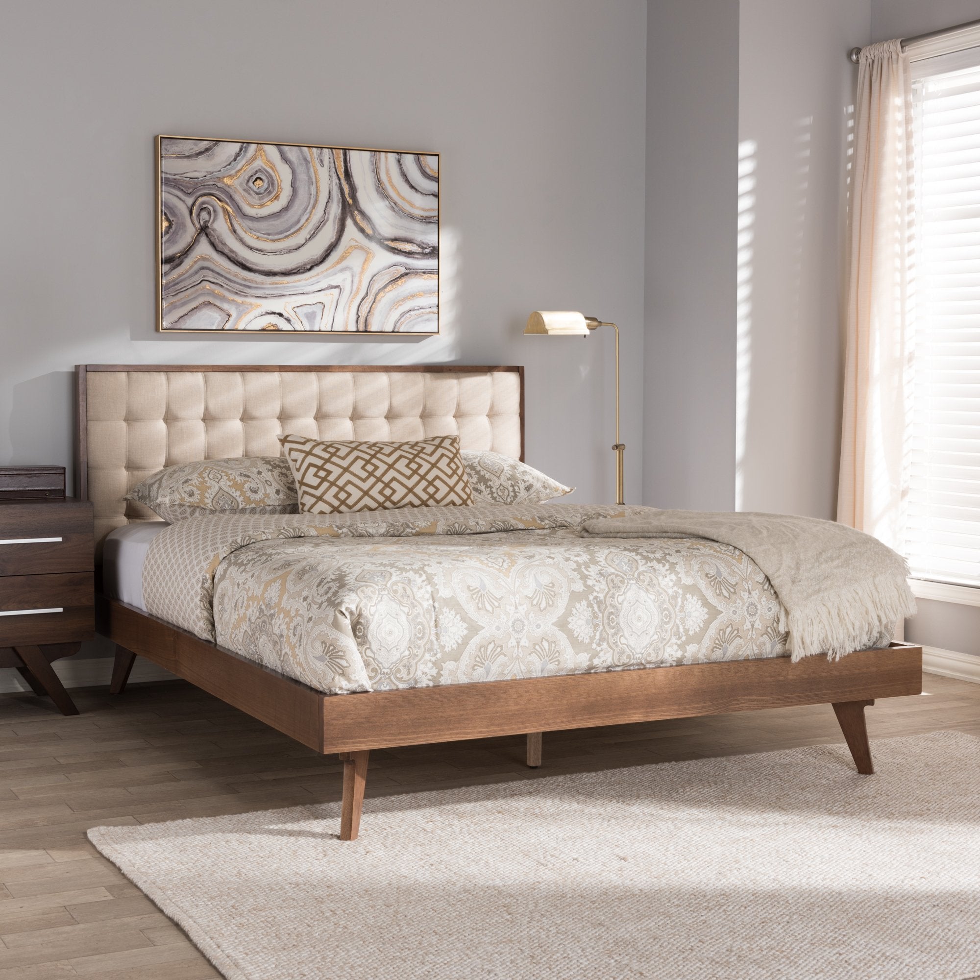 Baxton Studio Soloman Mid-Century Modern Light Beige Fabric and Walnut Brown Finished Wood King Size Platform Bed