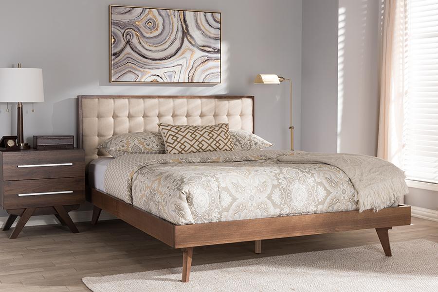 Baxton Studio Soloman Mid-Century Modern Light Beige Fabric and Walnut Brown Finished Wood Full Size Platform Bed