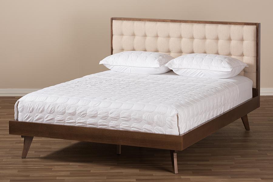 Baxton Studio Soloman Mid-Century Modern Light Beige Fabric and Walnut Brown Finished Wood Full Size Platform Bed