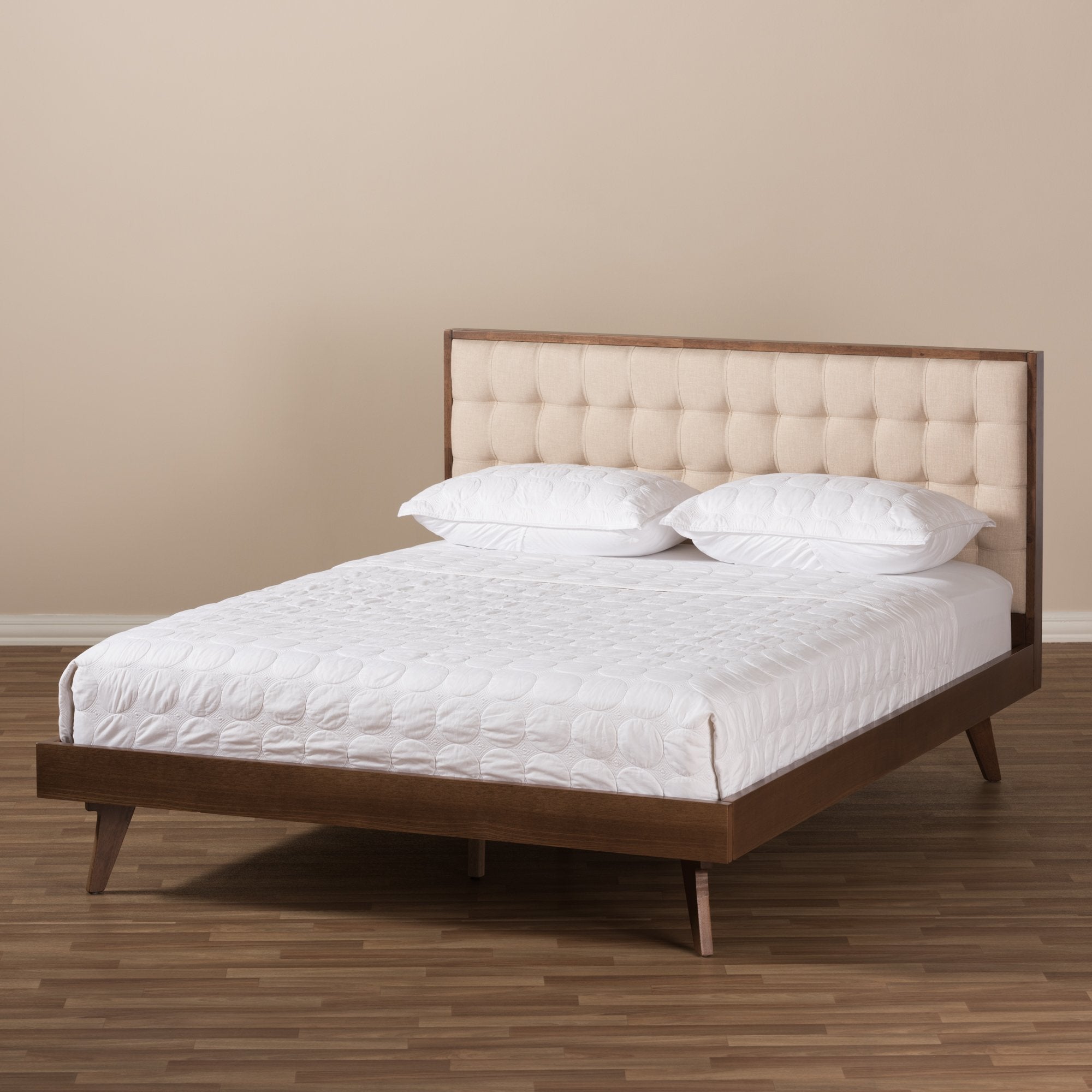 Baxton Studio Soloman Mid-Century Modern Light Beige Fabric and Walnut Brown Finished Wood Full Size Platform Bed