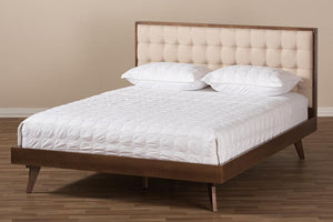 Baxton Studio Soloman Mid-Century Modern Light Beige Fabric and Walnut Brown Finished Wood Queen Size Platform Bed