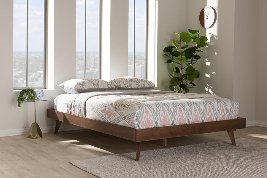 Baxton Studio Jacob Mid-Century Modern Walnut Brown Finished Solid Wood Queen Size Bed Frame