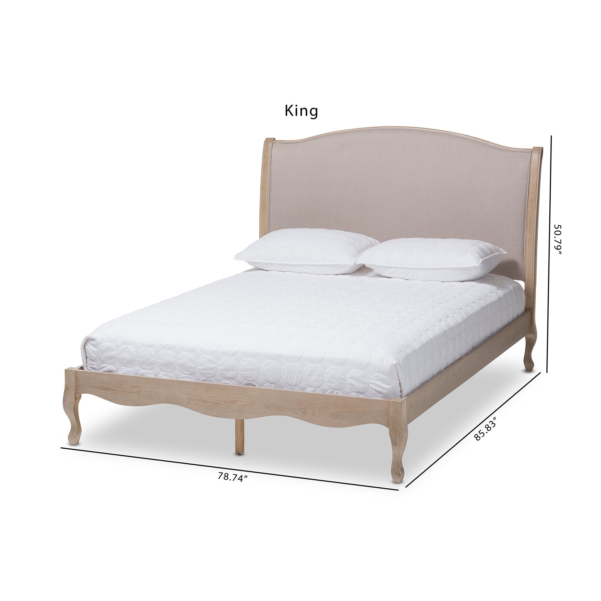 Baxton Studio Lorelei French Beige Fabric Upholstered Light Oak-Finished King Sized Platform Bed