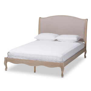 Baxton Studio Lorelei French Beige Fabric Upholstered Light Oak-Finished Queen Sized Platform Bed