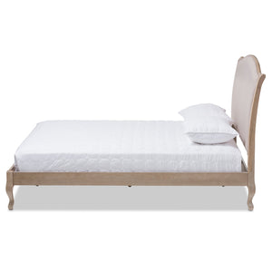 Baxton Studio Lorelei French Beige Fabric Upholstered Light Oak-Finished Queen Sized Platform Bed