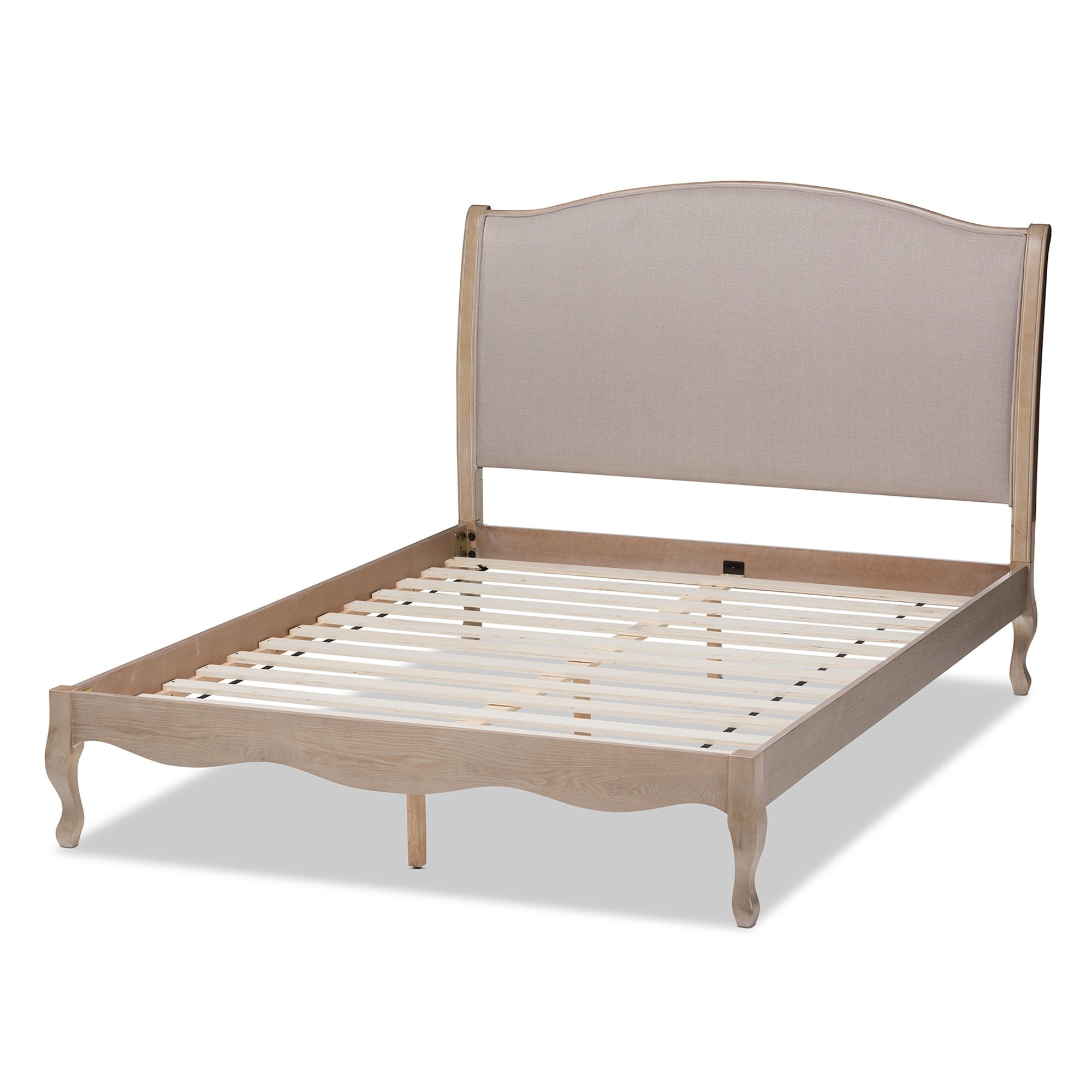 Baxton Studio Lorelei French Beige Fabric Upholstered Light Oak-Finished Queen Sized Platform Bed