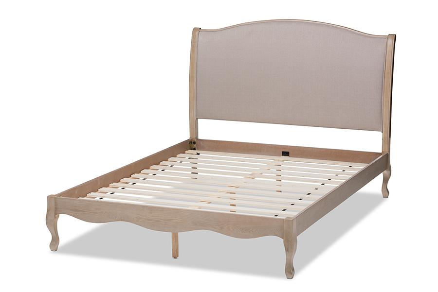 Baxton Studio Lorelei French Beige Fabric Upholstered Light Oak-Finished King Sized Platform Bed