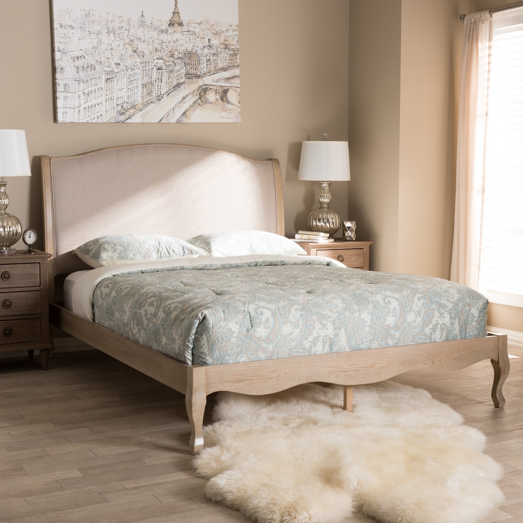 Baxton Studio Lorelei French Beige Fabric Upholstered Light Oak-Finished Queen Sized Platform Bed