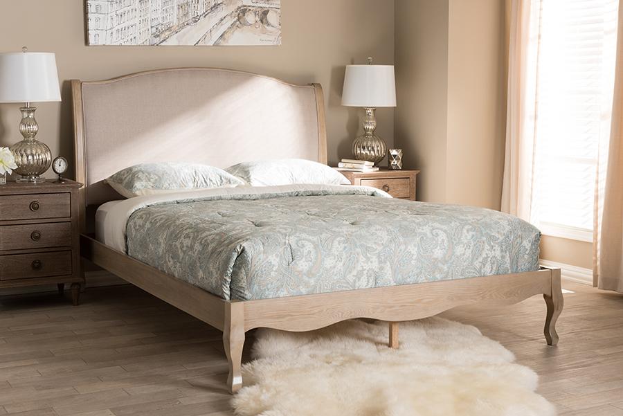 Baxton Studio Lorelei French Beige Fabric Upholstered Light Oak-Finished Full Sized Platform Bed