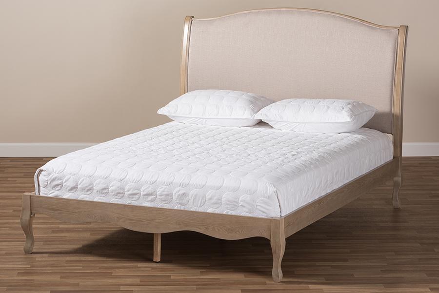 Baxton Studio Lorelei French Beige Fabric Upholstered Light Oak-Finished Full Sized Platform Bed