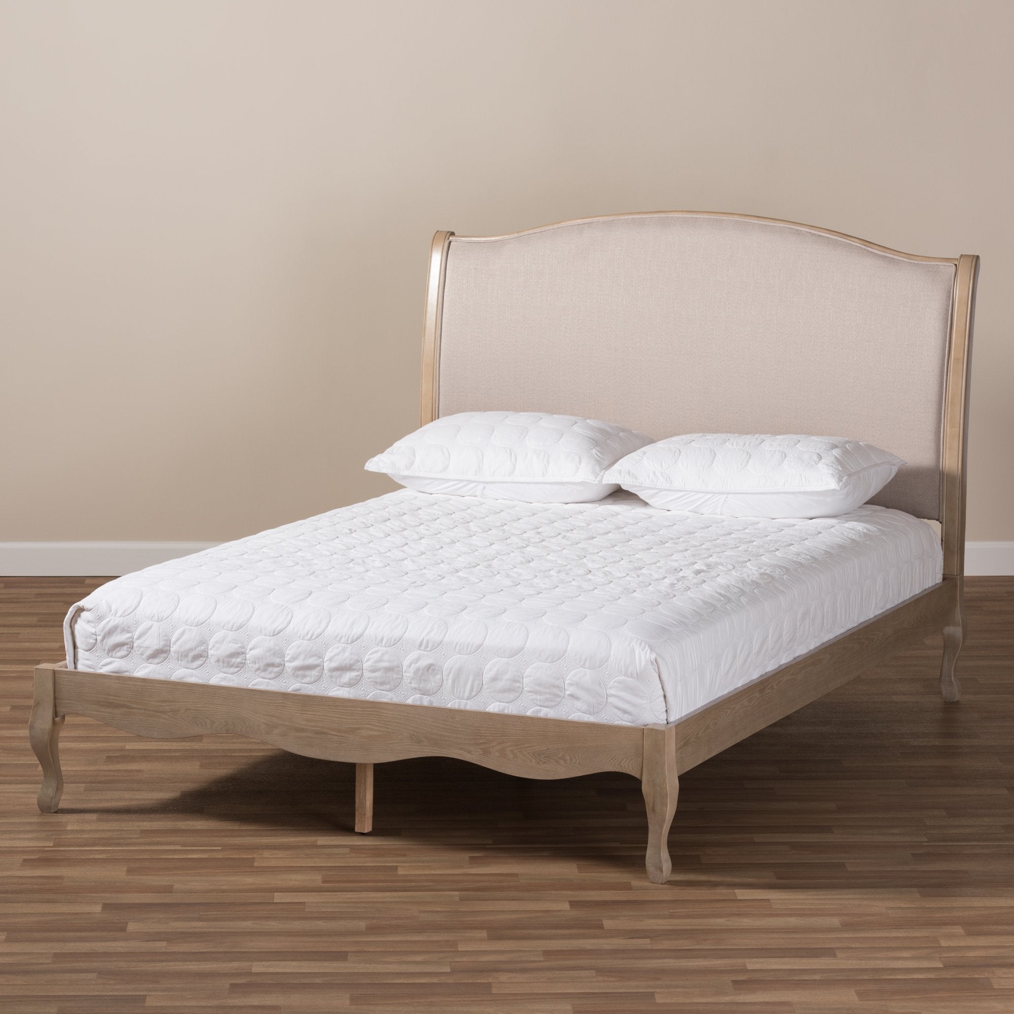 Baxton Studio Lorelei French Beige Fabric Upholstered Light Oak-Finished Full Sized Platform Bed