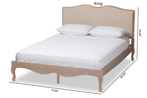 Baxton Studio Campagne French Beige Fabric Upholstered Light Oak-Finished King Sized Platform Bed