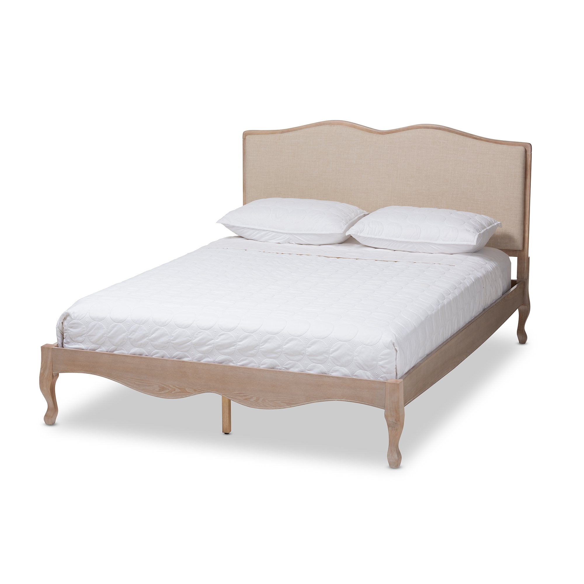 Baxton Studio Campagne French Beige Fabric Upholstered Light Oak-Finished King Sized Platform Bed