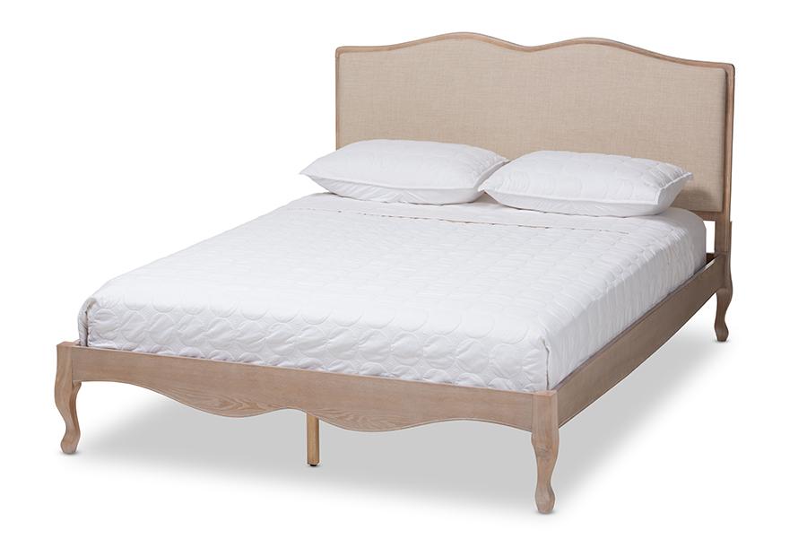 Baxton Studio Campagne French Beige Fabric Upholstered Light Oak-Finished King Sized Platform Bed