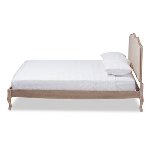 Baxton Studio Campagne French Beige Fabric Upholstered Light Oak-Finished King Sized Platform Bed