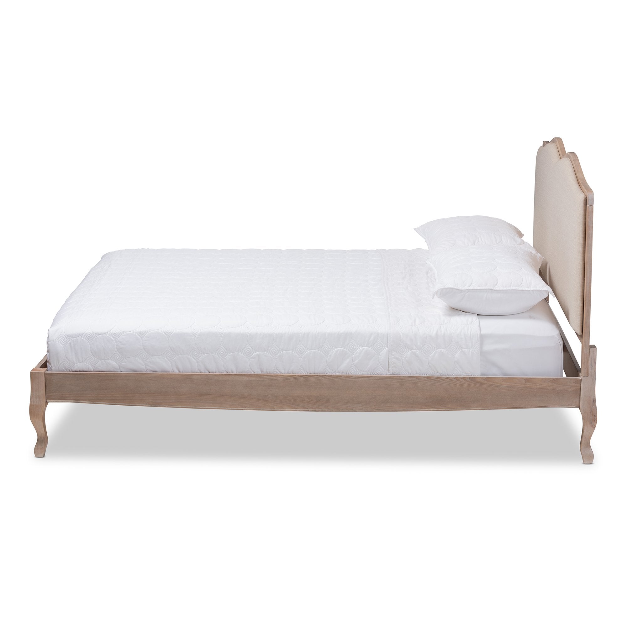 Baxton Studio Campagne French Beige Fabric Upholstered Light Oak-Finished Full Sized Platform Bed