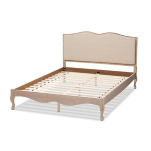 Baxton Studio Campagne French Beige Fabric Upholstered Light Oak-Finished Queen Sized Platform Bed