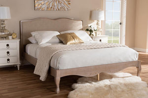 Baxton Studio Campagne French Beige Fabric Upholstered Light Oak-Finished Full Sized Platform Bed