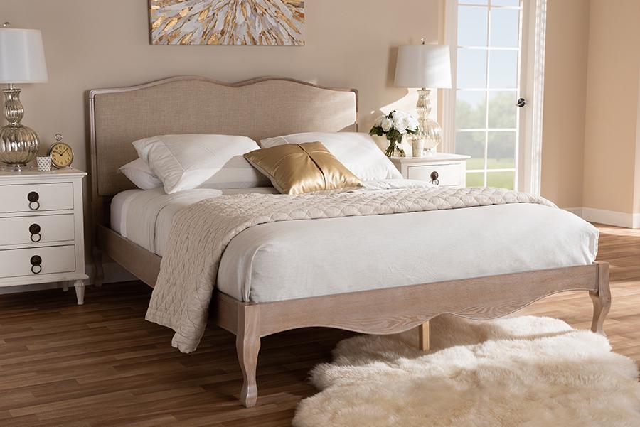 Baxton Studio Campagne French Beige Fabric Upholstered Light Oak-Finished King Sized Platform Bed