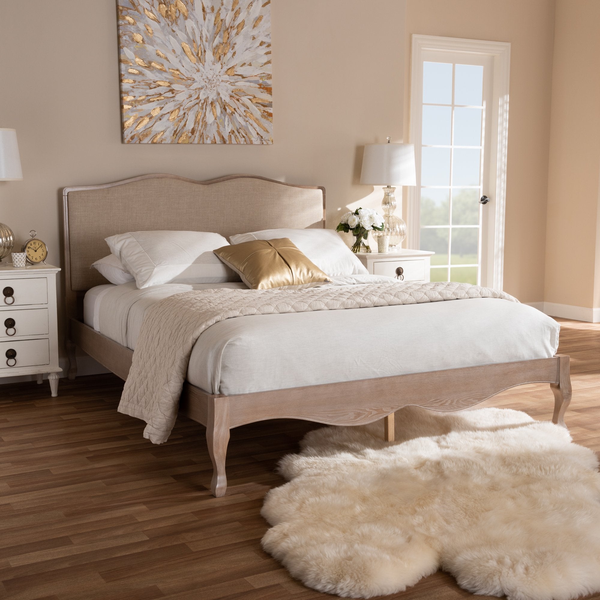 Baxton Studio Campagne French Beige Fabric Upholstered Light Oak-Finished Full Sized Platform Bed