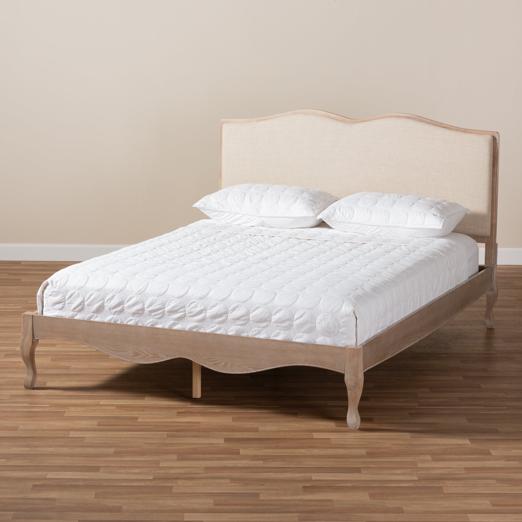 Baxton Studio Campagne French Beige Fabric Upholstered Light Oak-Finished Full Sized Platform Bed