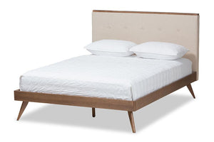 Baxton Studio Bella Mid-Century Modern Light Beige Fabric and Walnut Brown Finished Wood Queen Size Platform Bed