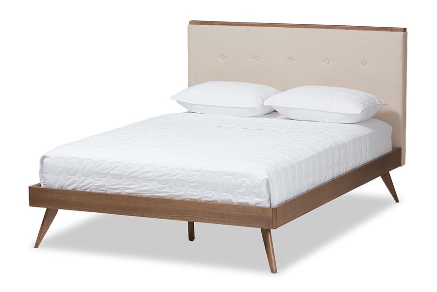 Baxton Studio Bella Mid-Century Modern Light Beige Fabric and Walnut Brown Finished Wood King Size Platform Bed