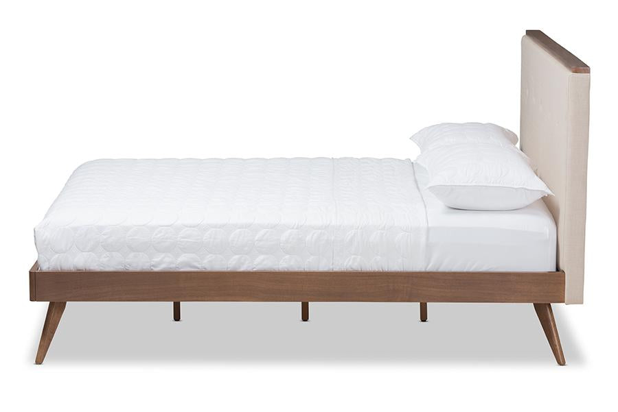 Baxton Studio Bella Mid-Century Modern Light Beige Fabric and Walnut Brown Finished Wood Full Size Platform Bed