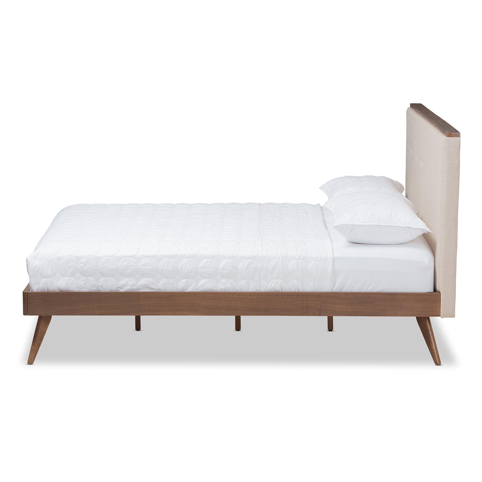 Baxton Studio Bella Mid-Century Modern Light Beige Fabric and Walnut Brown Finished Wood King Size Platform Bed