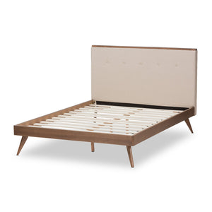 Baxton Studio Bella Mid-Century Modern Light Beige Fabric and Walnut Brown Finished Wood Full Size Platform Bed