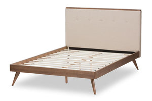 Baxton Studio Bella Mid-Century Modern Light Beige Fabric and Walnut Brown Finished Wood Full Size Platform Bed