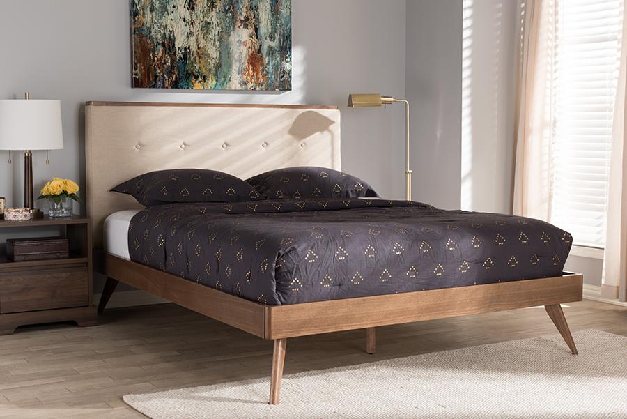 Baxton Studio Bella Mid-Century Modern Light Beige Fabric and Walnut Brown Finished Wood Full Size Platform Bed