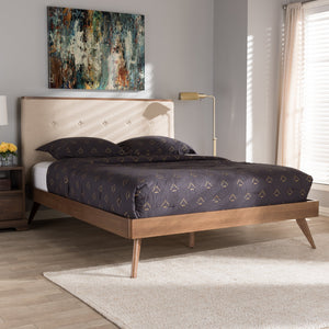 Baxton Studio Bella Mid-Century Modern Light Beige Fabric and Walnut Brown Finished Wood King Size Platform Bed