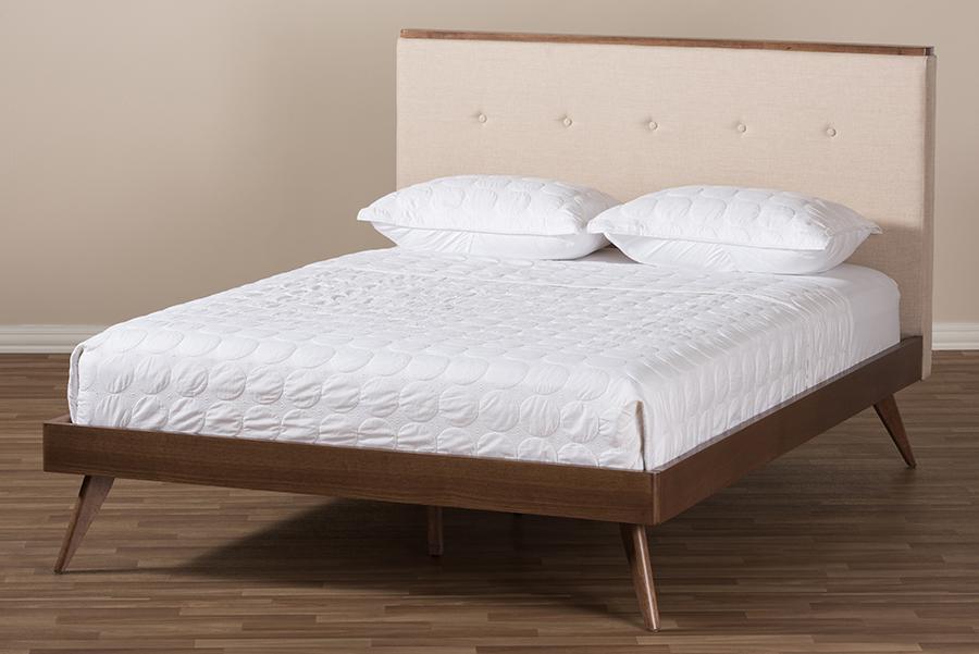 Baxton Studio Bella Mid-Century Modern Light Beige Fabric and Walnut Brown Finished Wood Full Size Platform Bed