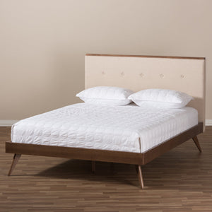 Baxton Studio Bella Mid-Century Modern Light Beige Fabric and Walnut Brown Finished Wood Queen Size Platform Bed